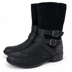 UGG Simmens Waterproof Sherpa Lined Boots Sz 9 Black Leather Suede Moto Gorpcore